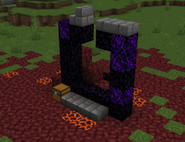 A ruined nether portal generated in the world, broken obsidian frame with lava and netherrack