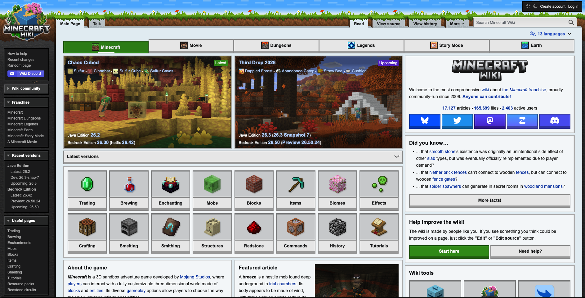 The Minecraft Wiki homepage